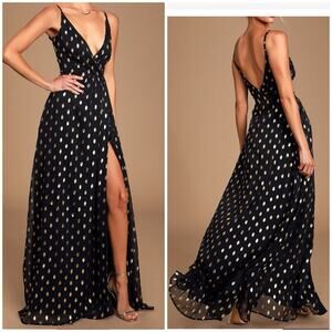 NWT Lulus XL Galaxy Lights Black and Gold Polka Dot Sleeveless Maxi Dress
